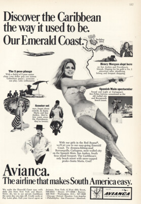 1968 Avianca Airlines: Caribbean Emerald Coast Vintage Print Ad