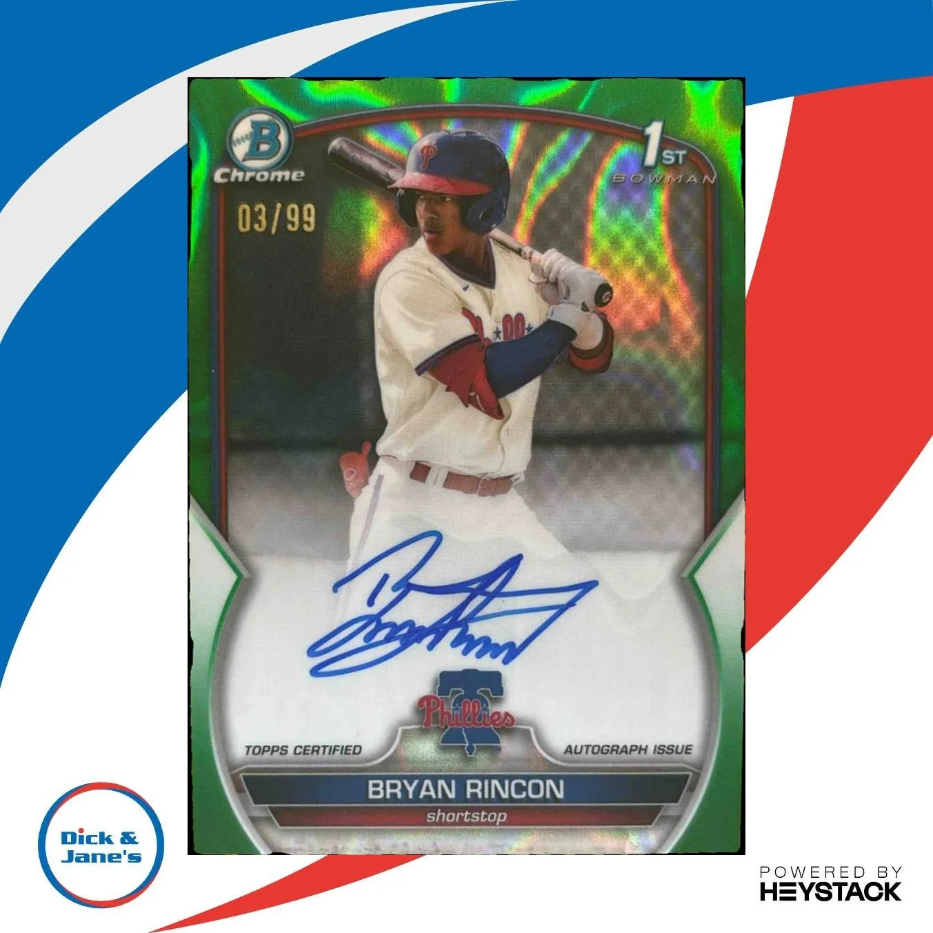 2023 Bowman Chrome Bryan Rincon Auto Green /99 1st Philadelphia Phillies