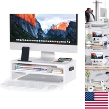 Polished White Monitor Stand Riser - 2-Tier Desk Organizer with Cable Solutions