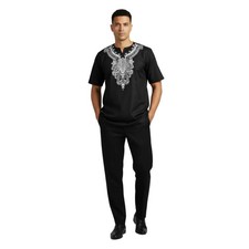 Men 2pc Stacy Adams leisure suit Linen Cotton With Embroidery 3670 Black white