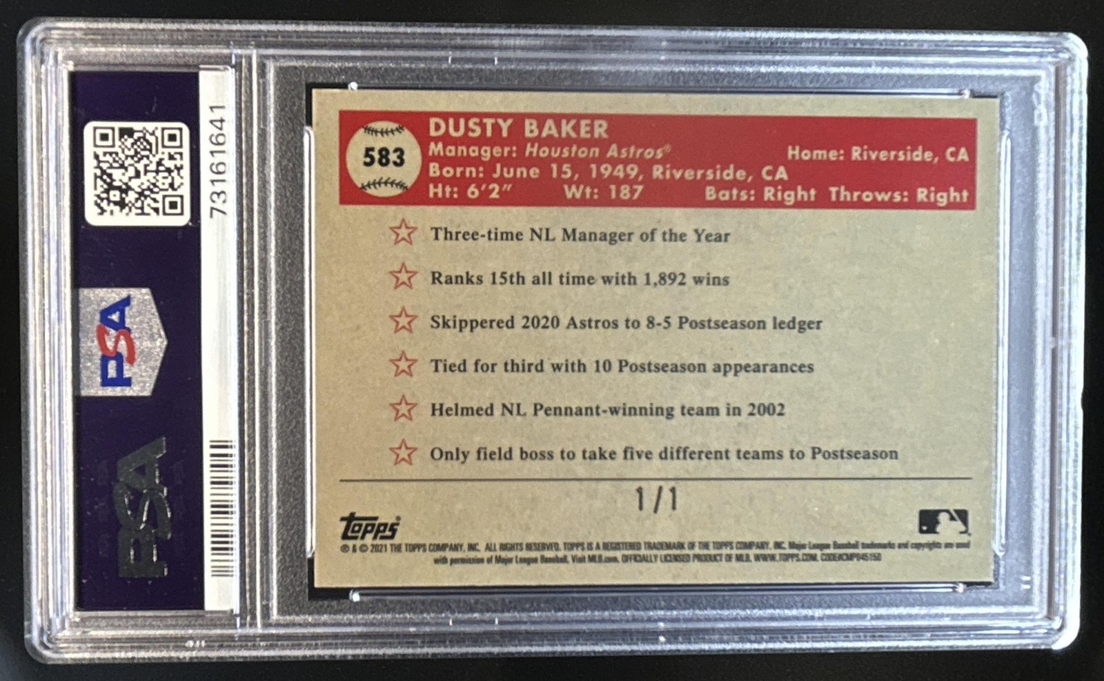 2021 Topps Chrome Platinum Dusty Baker SuperFractor #1/1 Astros PSA 10 GEM MINT view 2