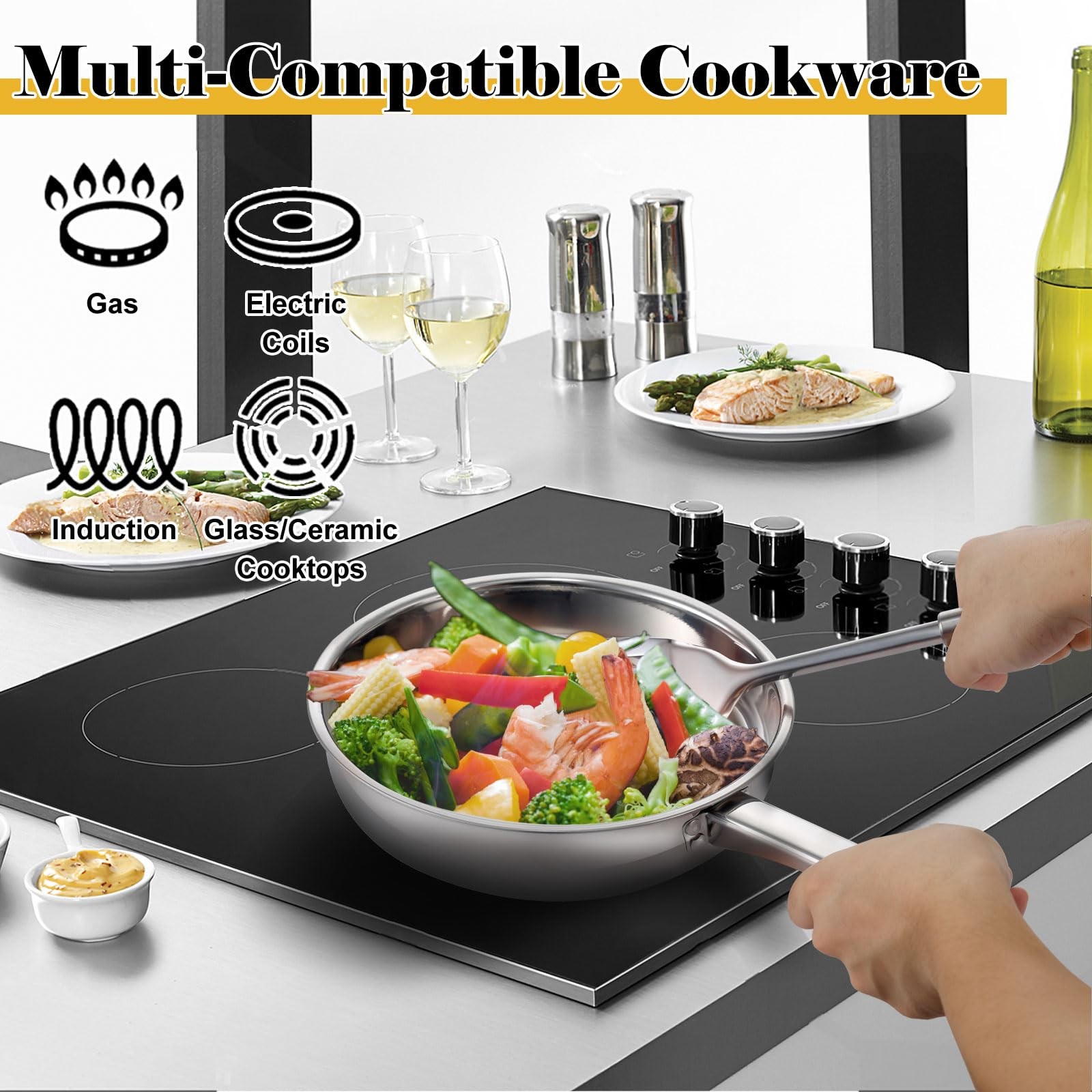 Cookware Set - 15 Piece Stainless Steel Includes 6 Pots and Pans 6 Lids and