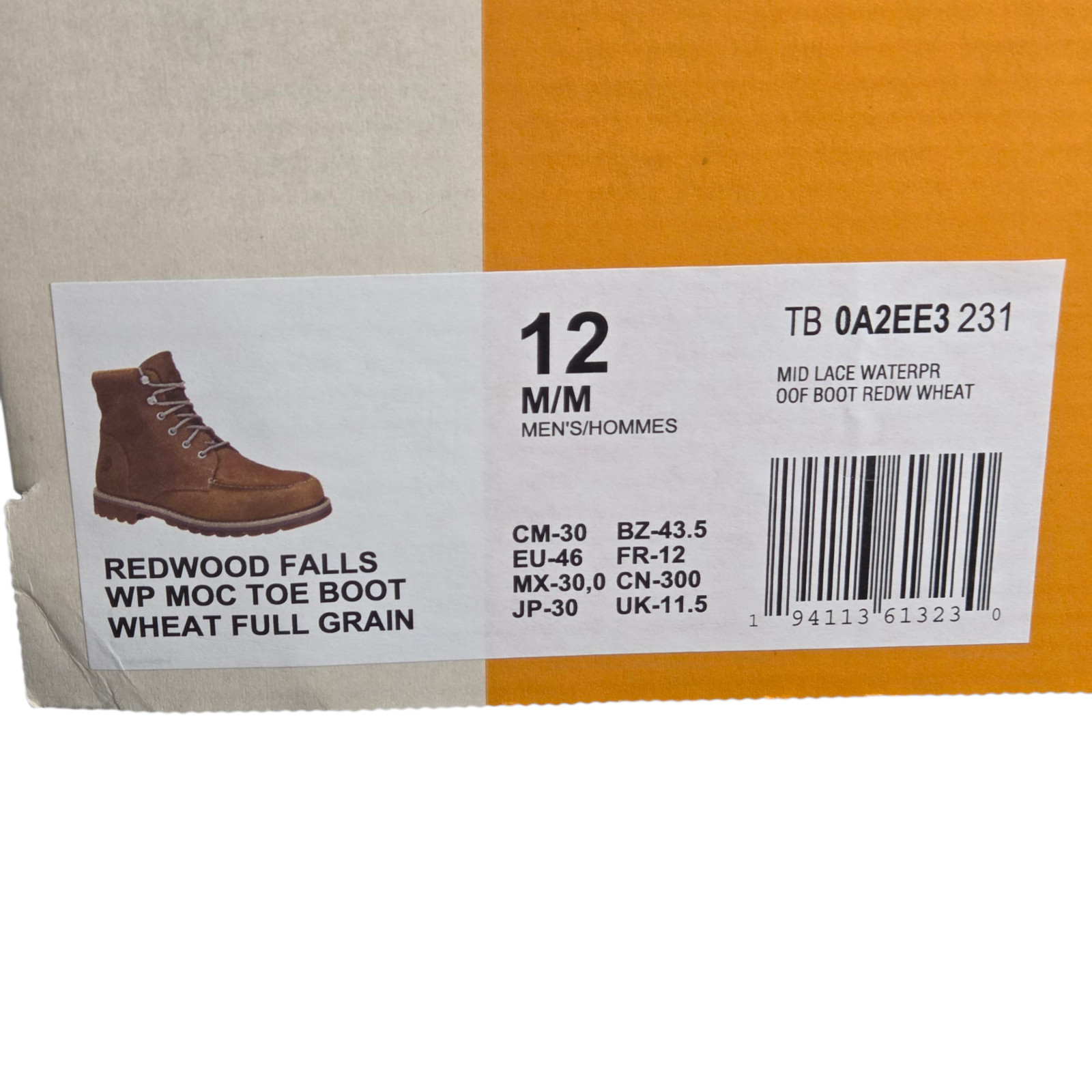 Timberland Redwood Falls WP Moc Toe Boots Full Grain Wheat Waterproof Mens Sz 12