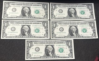 (5) Uncirculated Cleveland $1 Bills Consecutive Mis stamped 8’s Green Ink Errors