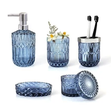 Blue Bathroom Accessories Set, 5Pcs Clear Glass Bathroom Accessories, Bathroo...