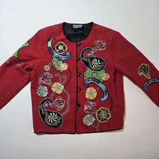 Indigo Moon Floral Patchwork Blazer Jacket L Paisley Embroidered Art To Wear Red