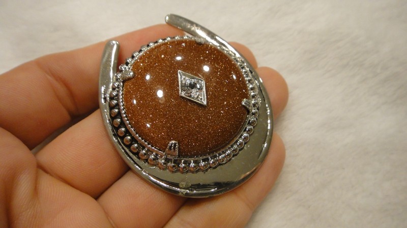 Vintage Bolo Tie Polished Goldstone 14k Gold Center White Sapphire Horseshoe
