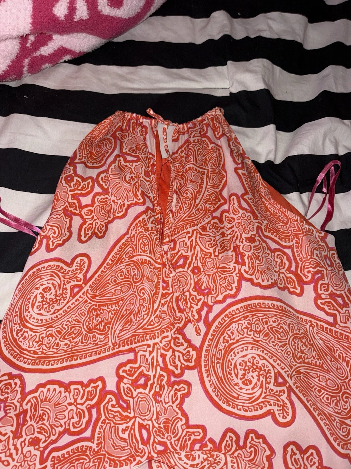 ABITO MICHAEL KORS Tg L 100% SETA Arancione Bianco Stampa Foderato Regolabile Cravatta Schienale