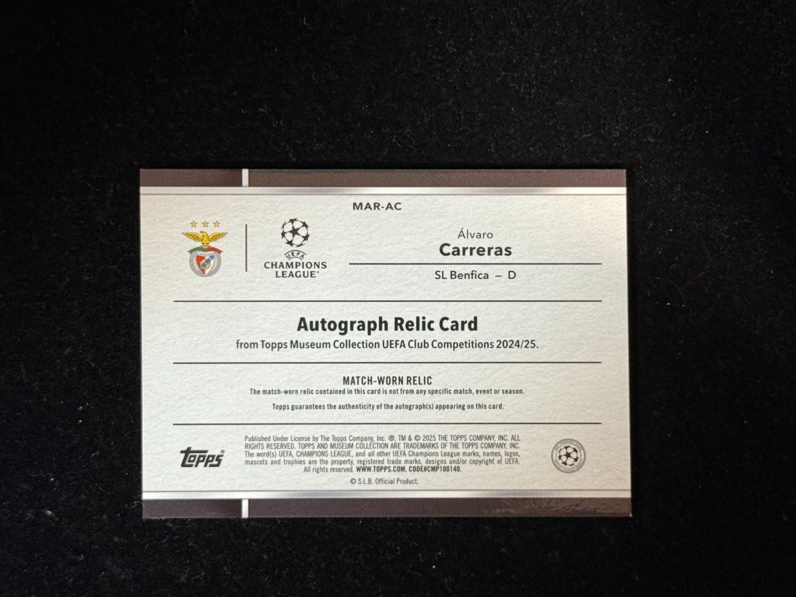 Alvaro Carreras 2024-25 Topps Museum Collection Match‑Worn Patch Auto/150 RC view 2