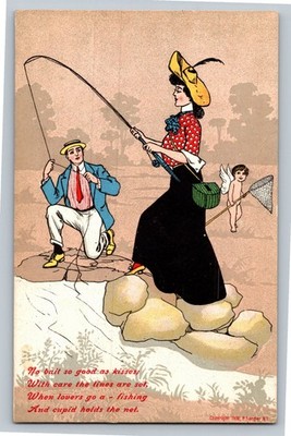 Vintage 1908 P. Sander Humorous Fishing Lovers Cupid Poem Postcard
