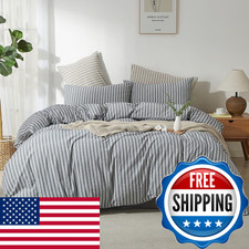 Xinmianfang Striped Duvet Cover Set King Size 3 Piece 100 Washed Cotton Linen