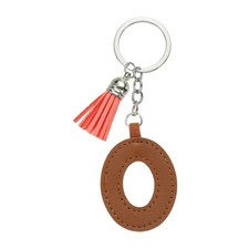 Initial Letter Keychain, Cute Leather Keychains with Tassel Letter O, Brown