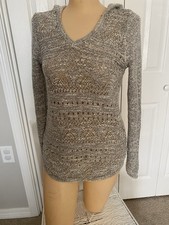 Gray Solid Knit Hooded V-Neck Pullover Sweater Long Sleeve S