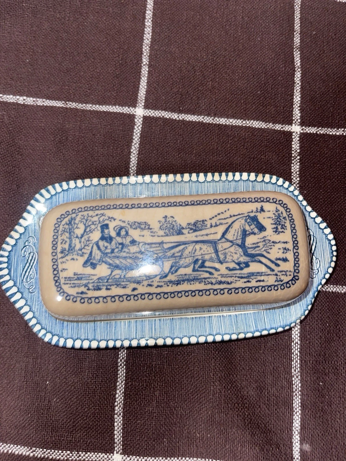 Vintage Currier &Ives Blue White Ceramic Covered Butter Dish Horse Motif