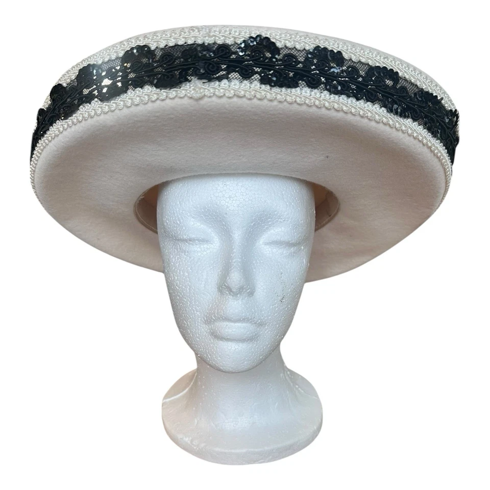 VTG 80s Deborah NY Black Cream 100% Wool Hat Sequin Bow Derby Church Glam - Image 2 of 4