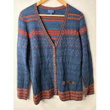 Pendleton Blue Merino Wool Fair Isle V-Neck Cardigan Sweater Womens L Boho Aztec
