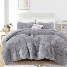 Fluffy Comforter Set, Faux Fur Comforter Set Size, Luxury Fuzzy Queen Grey
