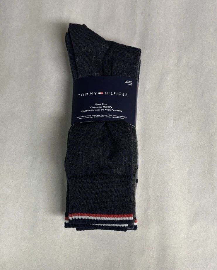 New Tommy Hilfiger Socks Men’s 4 Pair Blue & Gray Dress Crew Sock Casual Preppy
