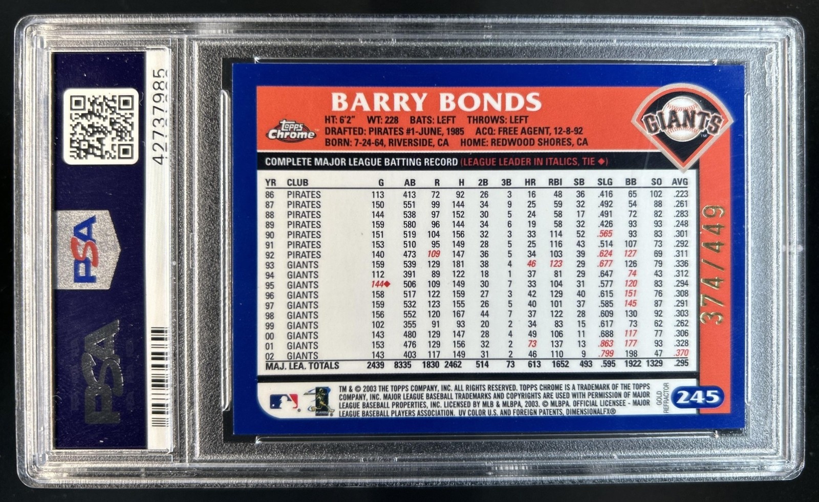 2003 Topps Chrome Barry Bonds Gold Refractor #/449 Giants PSA 9 view 2