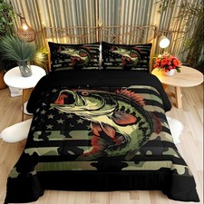 Bass Fish Pattern Comforter Set Queen Size Camouflage Bedding Set for Kids Boys