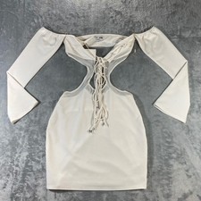 FASHION NOVA Mini Dress Women Medium Cream Lace Up Cutout Long Sleeve Club Y2K