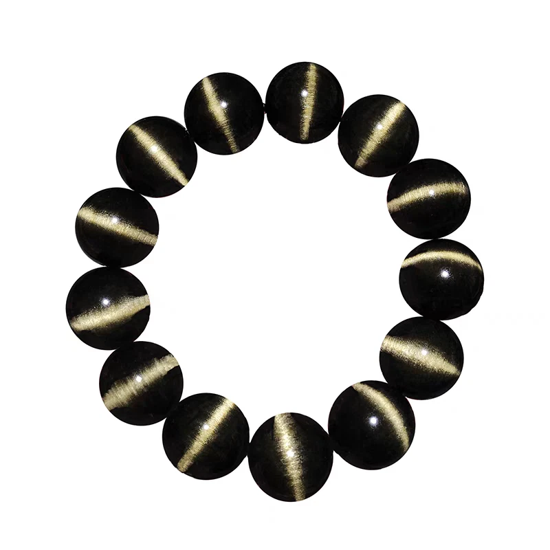 ENORME Brazalete Hombre Elástico Cuentas Redondas Piedras Preciosas Obsidiana Oro Natural 16 mm Foto 3 de 3