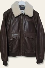 G-III Global Identity Bomber Leather Jacket Detachable Shearling Collar Brown M