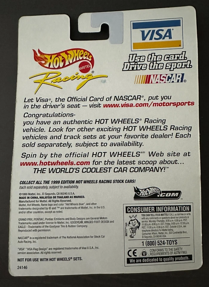 1999 Hot Wheels Racing Nascar Visa Credit #64 Special Edition Pontiac Grand Prix - Image 2 of 2
