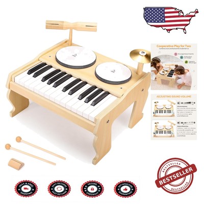 Wooden 25-Key Digital Piano and Drum Kit for Toddlers   Perfect Gift for Ages 3+