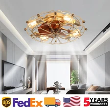 20 inch Farmhouse With Caged 6 Speeds Ceiling Fan Light Low Profile LED Kit Gold