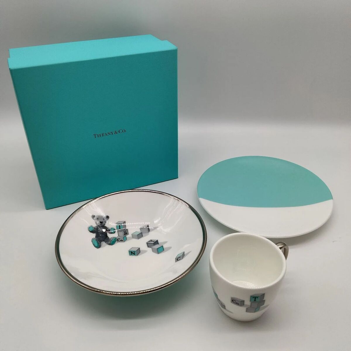 TIFFANY & Co. Bear and Block 3- Pieces Baby Set Bone Chine w TIFFANY & Co. Bear and Block 3- Pieces Baby Set Bone Chine w