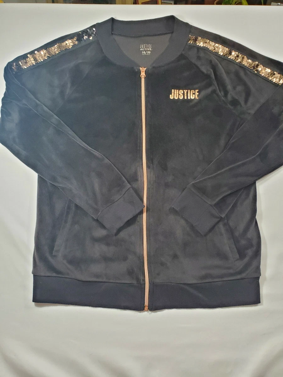 Girls Size 18 20 Justice Gold Sequence Black Zip Up Hoodie Jacket