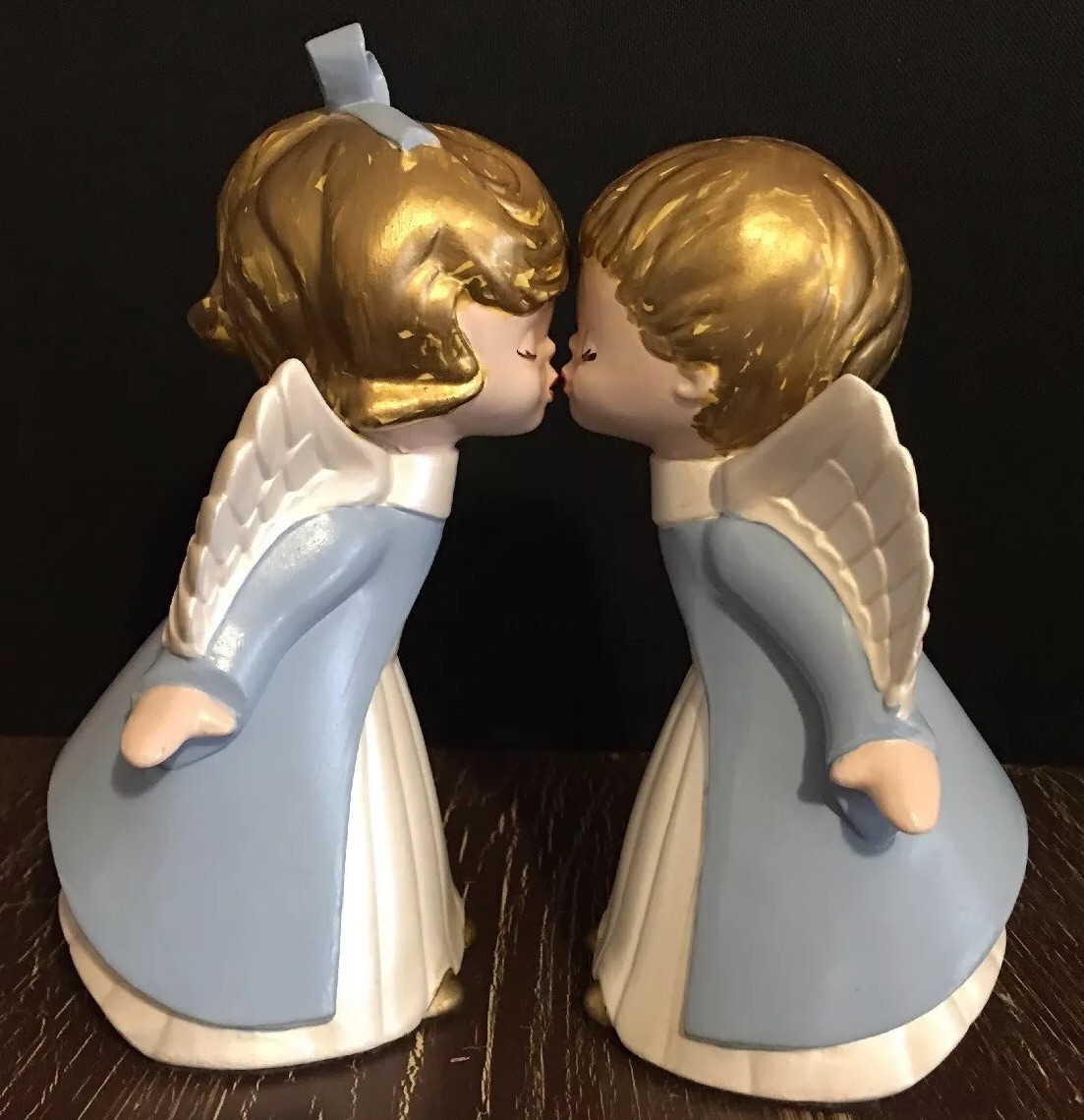 Vintage 2pc Hand Painted Ceramic Kissing Angels 7.75" Christmas