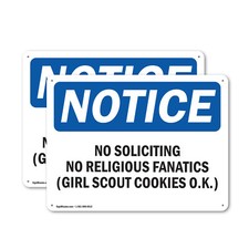  2 Pack No Soliciting No Religious Fanatics Girl OSHA Notice Sign Decal Metal
