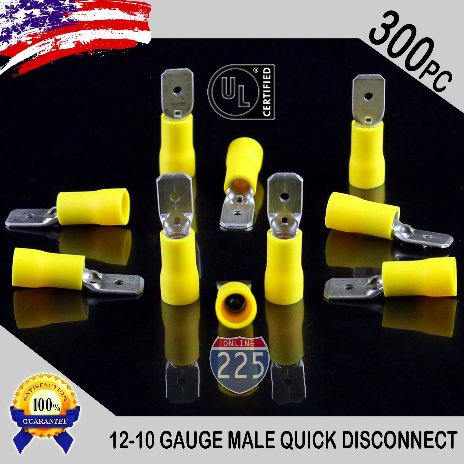 300 Pack 12-10 Gauge Male Quick Disconnect Yellow Vinyl Crimp Terminals .250