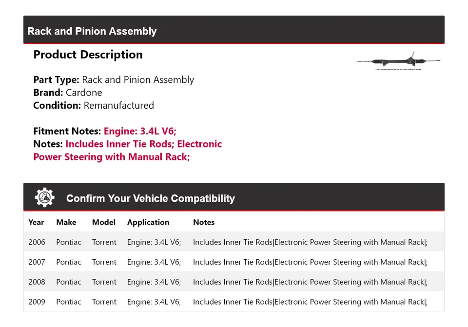 Para Pontiac Torrent 2006-2009 3,4 L V6 montaje de piñón y cremallera Cardone 2007 2008 Foto 2 de 4