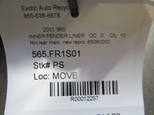 Ferrari 360, RH, Right Rear Fender Liner, New Reproduced, P/N 65060000