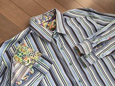 ROBERT GRAHAM  Blue Striped dress casual shirt sz Large L Double Cuff