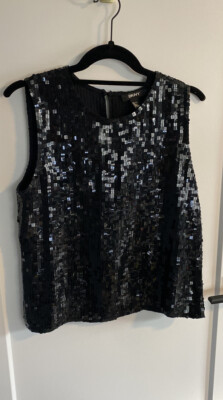 DKNY BLACK SEQUINED SILK TANK TOP SLEEVELESS BLOUSE SZ M