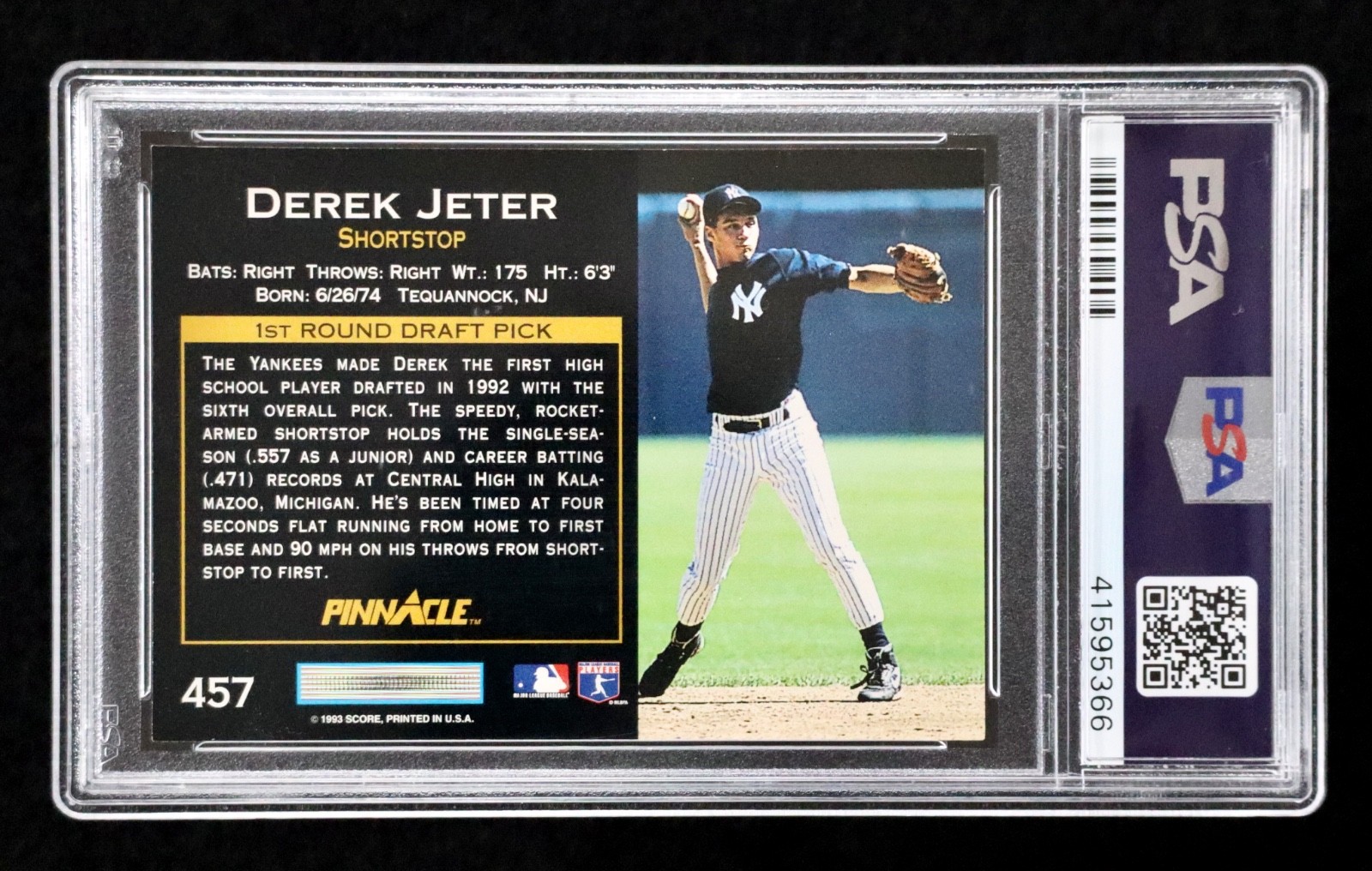 1993 Pinnacle Derek Jeter #457 Rookie 1st Round Draft Pick PSA 9 Mint Yankees S1 view 2