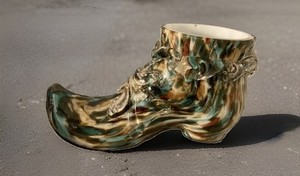 Antique Franz  Welz Spatter Glass Shoe Boot Posey Vase Bohemian Czech Green Blue