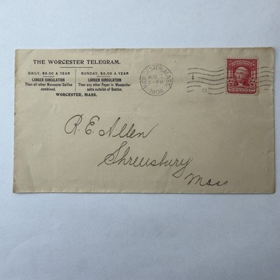 1904 Worcester Telegram Newspaper Mass Advertising Cover Envelope 2c Stamp