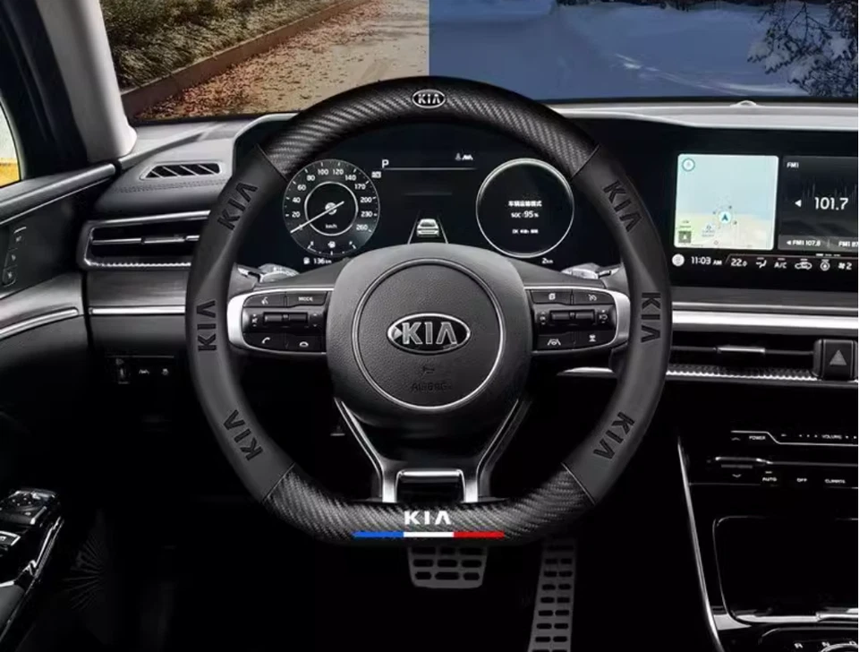 15" PU Leather+Carbon fiber Steering Wheel Cover For 1992-2025 Kia All Cars - Image 3 of 4