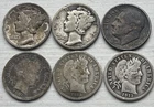 Lot of 6 Roosevelt, Mercury & Barber 90% Silver Dimes 1906-1952