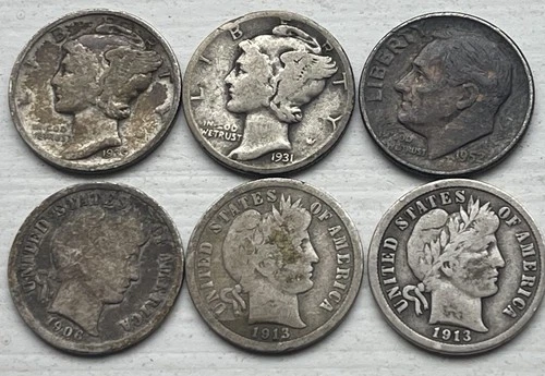 Lot of 6 Roosevelt, Mercury & Barber 90% Silver Dimes 1906-1952