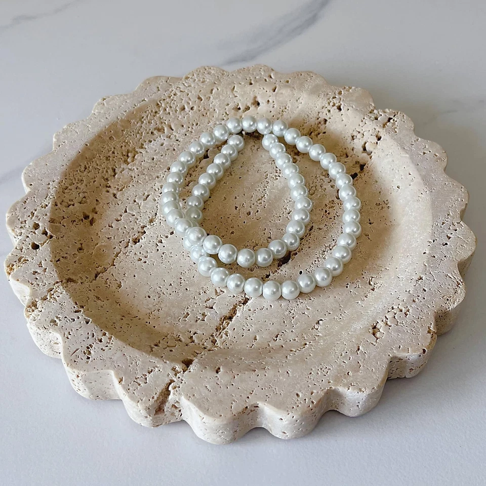 Travertine Marble Tray Round Scalloped Tray Small Serving Platter for Counter... - Image 3 of 4
