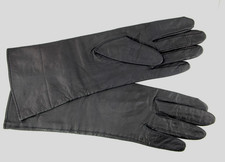 Long Gloves Genuine Leather Black Rayon Fabric Lined Made in Japan, Size 7.5