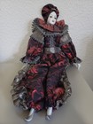 Vintage Porcelain Harlequin Clown Venetian Doll Red Black Damask Large 18