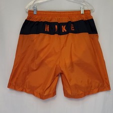 VTG 90s NIKE Orange Spellout Swoosh Swim Trunks Shorts Lined Elastic Waist Sz L