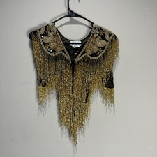 Vintage Black Hand Beaded Sequin Fringe Cape Shawl Art Deco Gatsby Evening Wrap